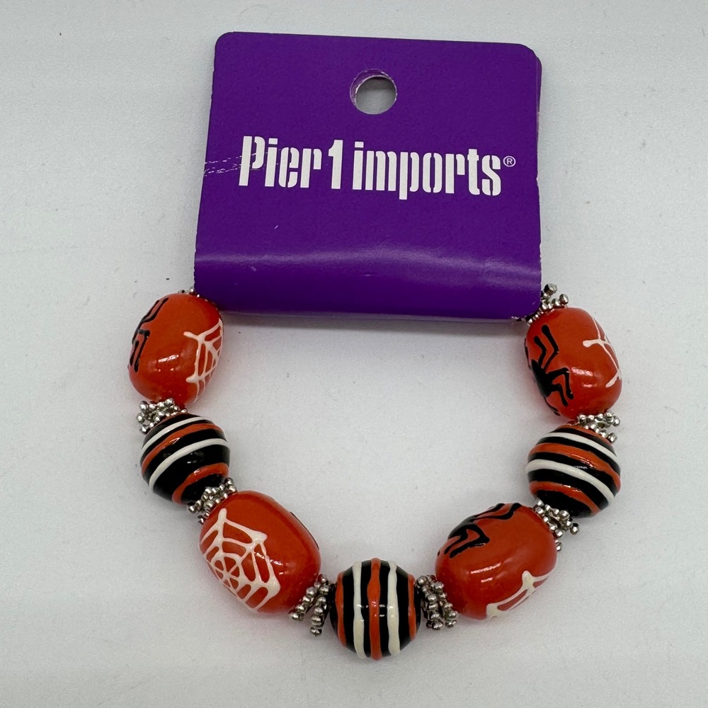 Pier 1 Imports Halloween Beaded Napkin Ring Spider Web Orange Black Stripe NWT